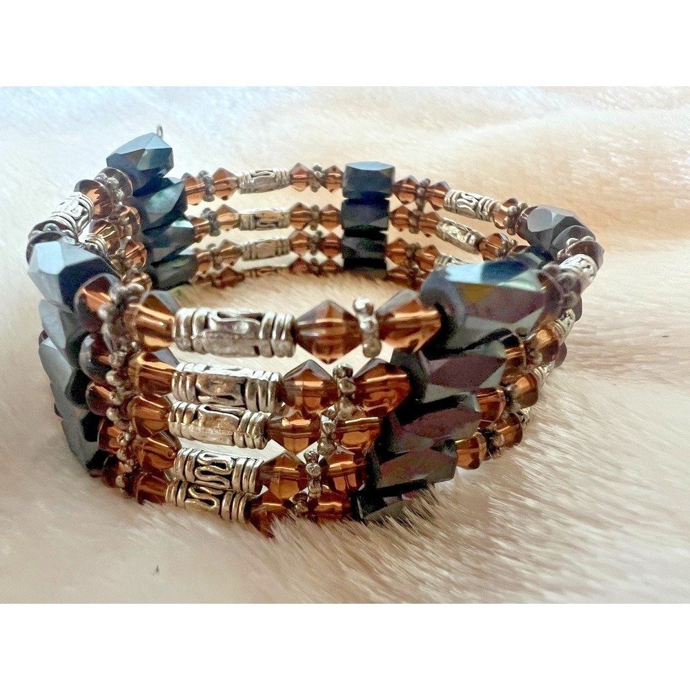 Magnetic Wrap Bracelet Brown Glass Beaded Multi Strand‎ Bronze Black Earthy